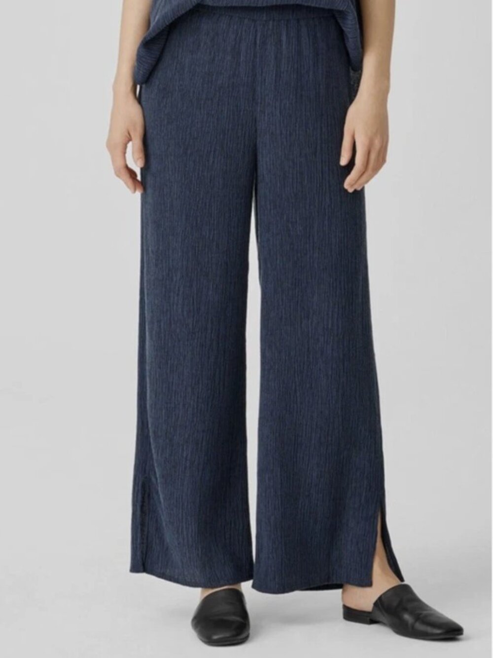Eileen Fisher Woven Plissé Wide-Leg Pants Ink Navy L Pleated Elastic Waist